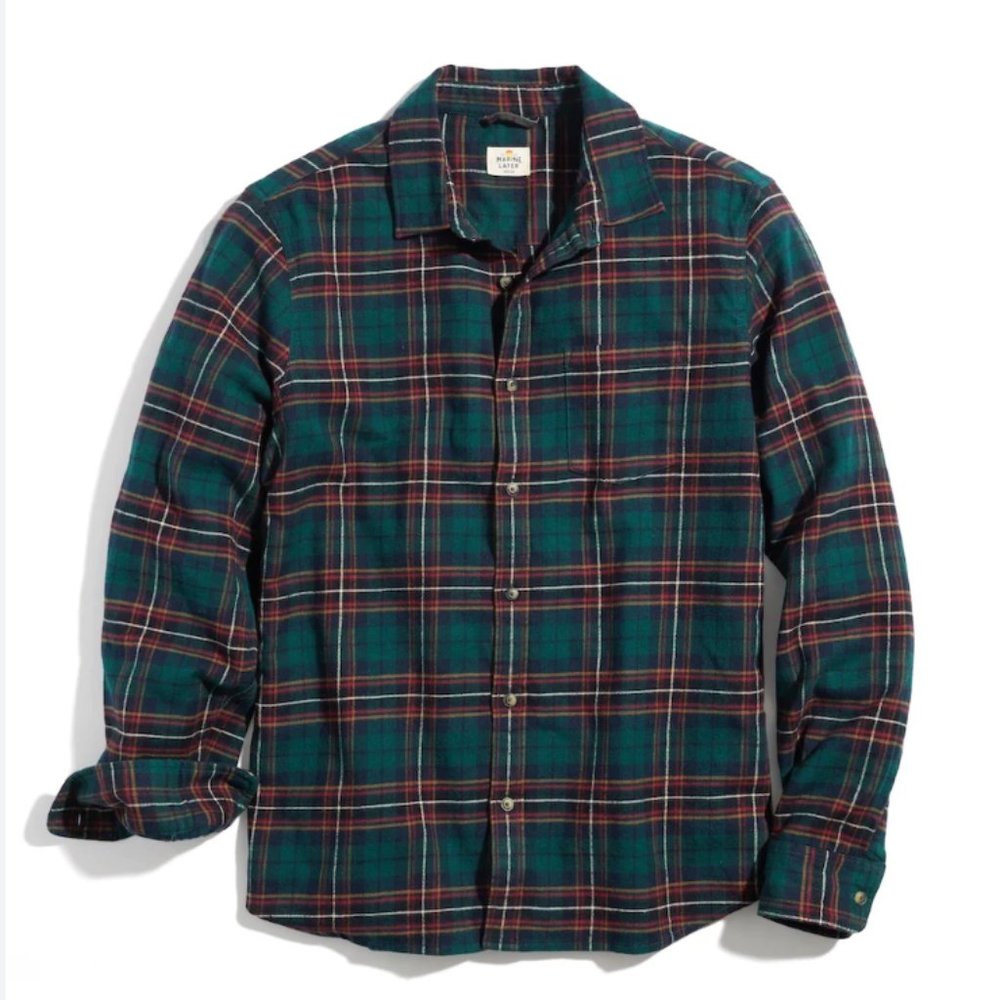 Classic Fit Unisex Medium/Large Marine Layer Flannel Shirt Plaid Green/Red